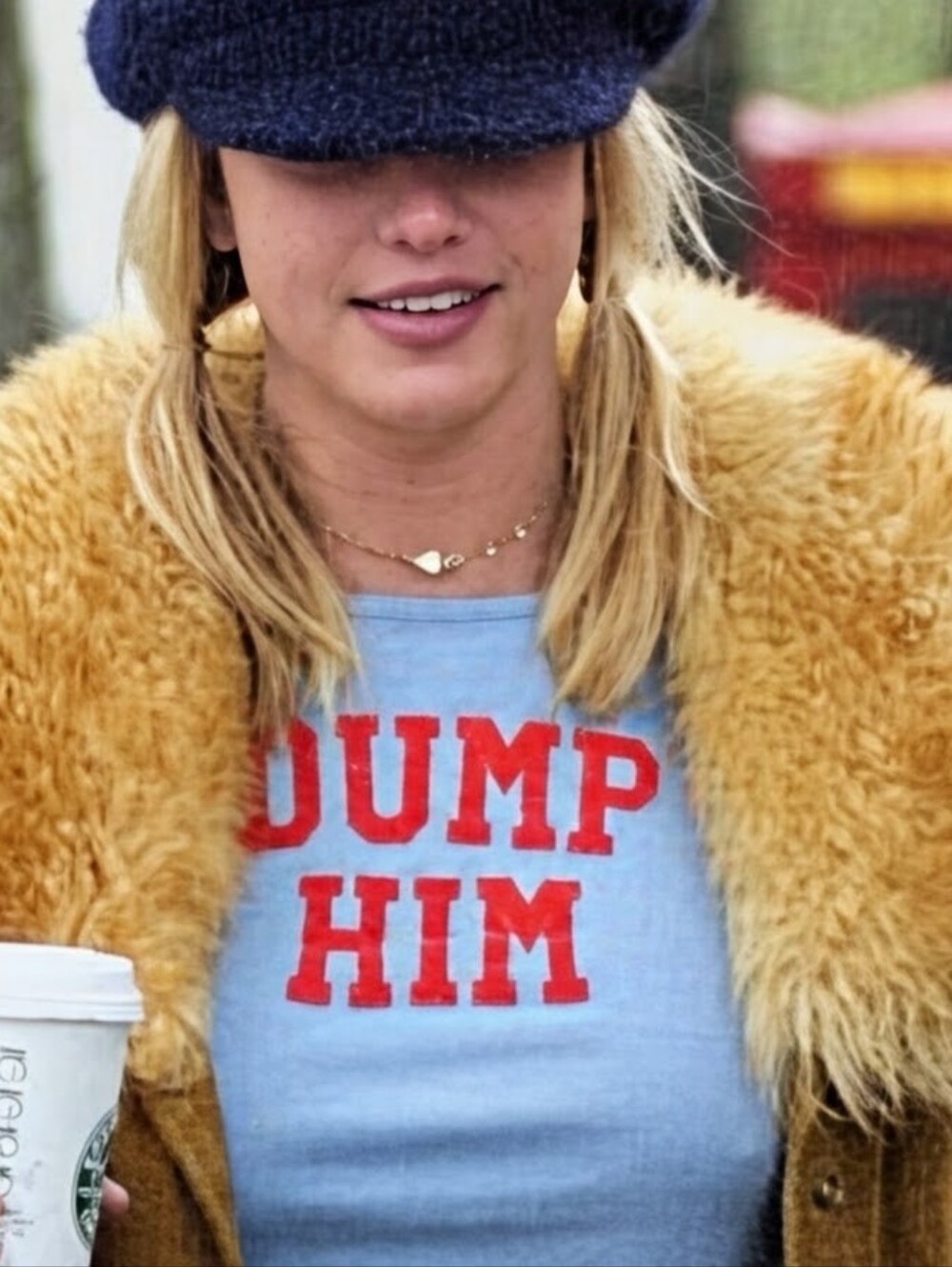 Y2K- Women's Light Blue Tee with Orange "DUMP HIM" Graphic-Britney inspired